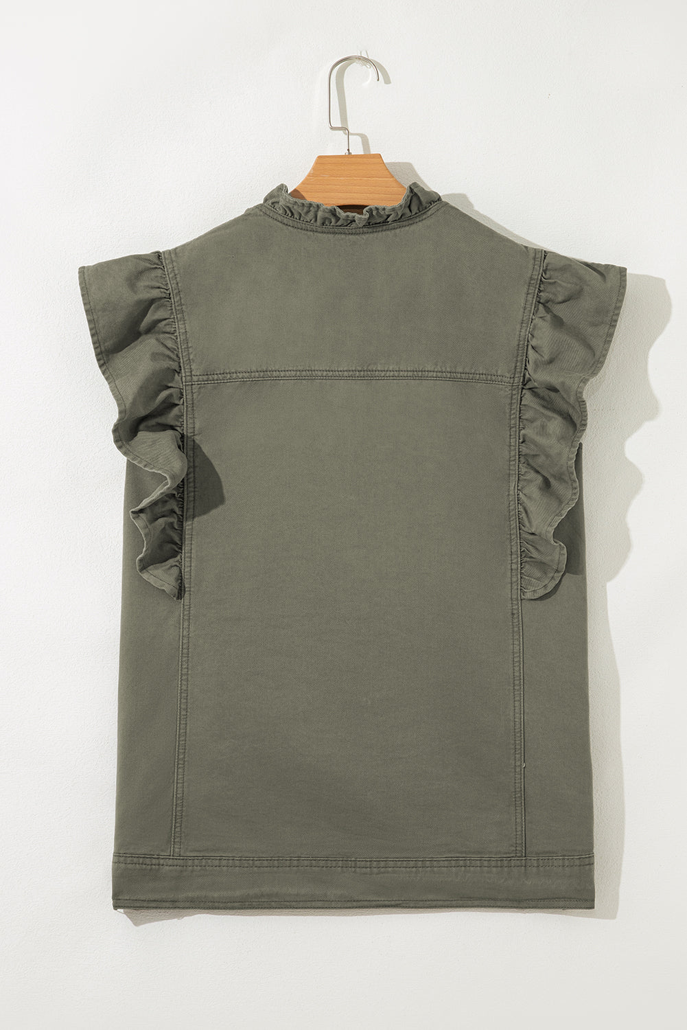 Margot Ruffle Plain Denim Jacket Vest - Green