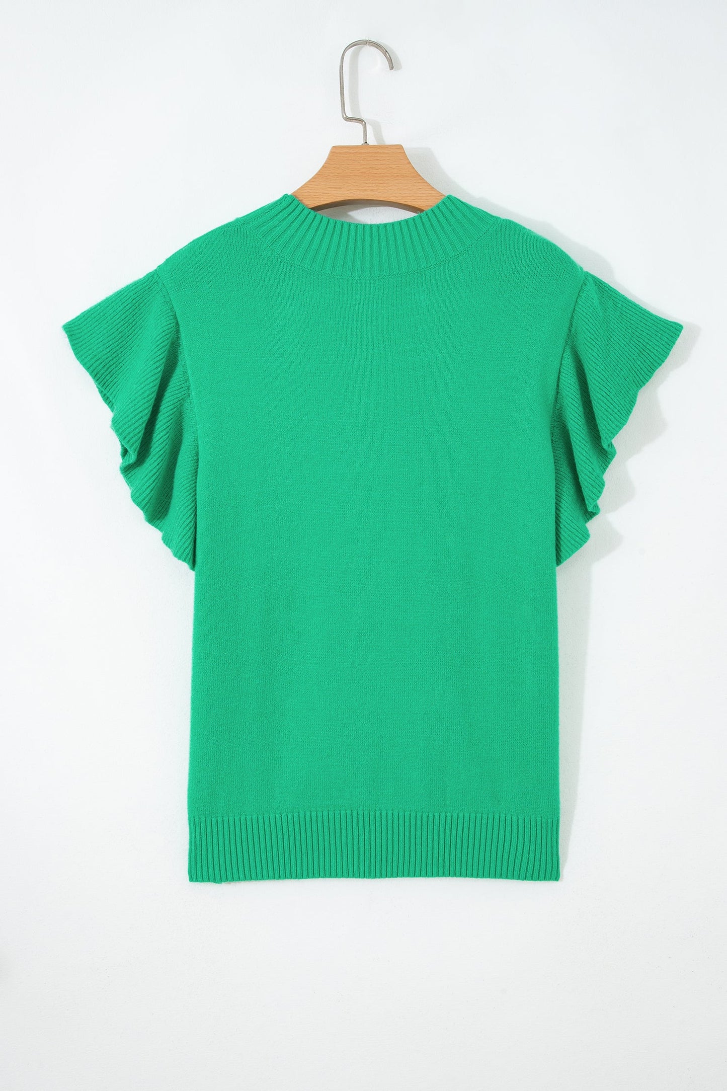 Solid Ruffle Sleeve Round Neck Ribbed Sweater