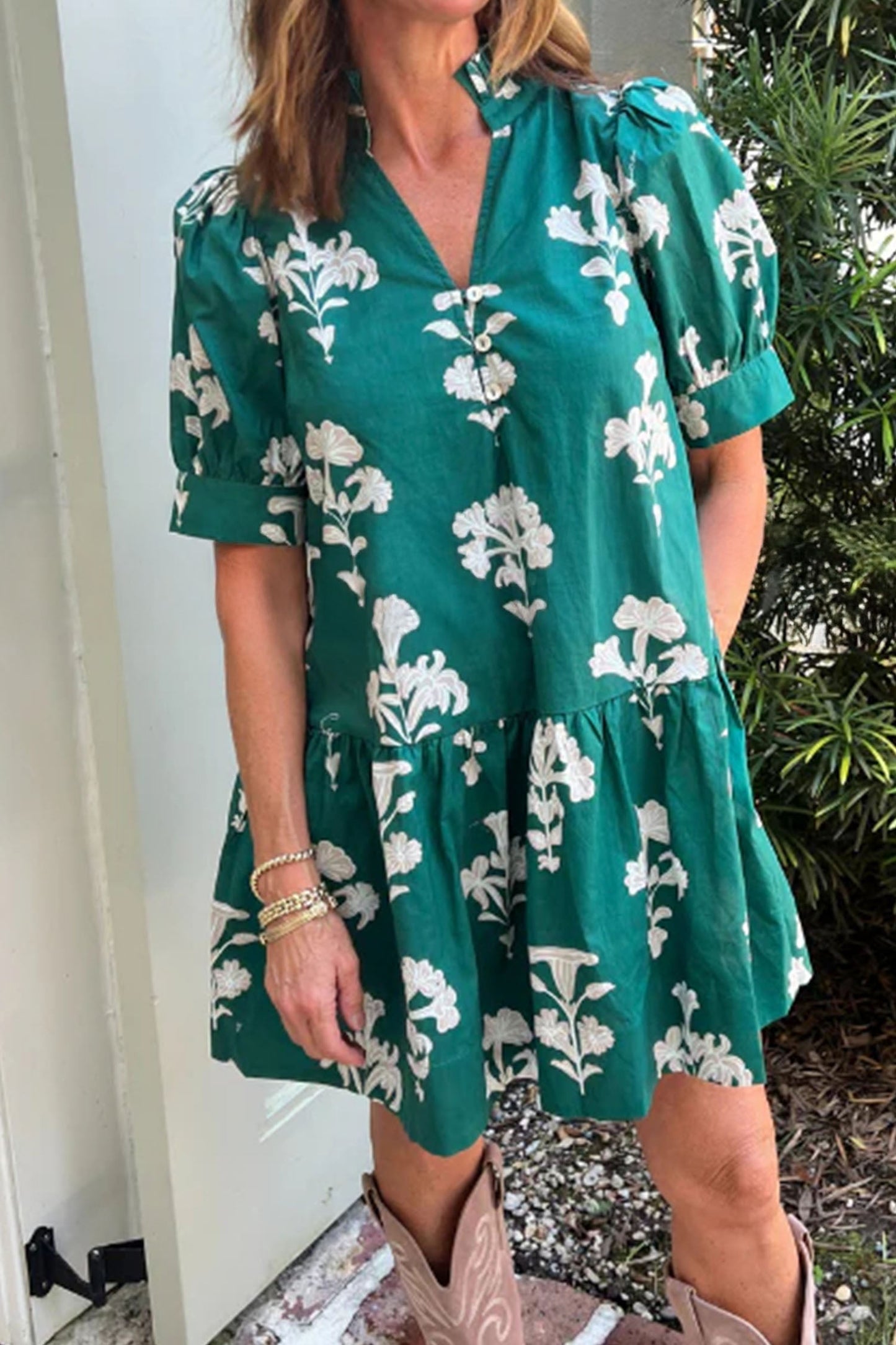 Floral Frilled V-Neck Puff Sleeve Mini Dress