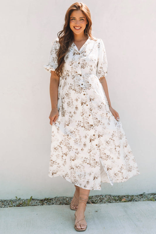 Iliana Floral Puff Sleeve V Neck Buttoned Front Maxi Dress