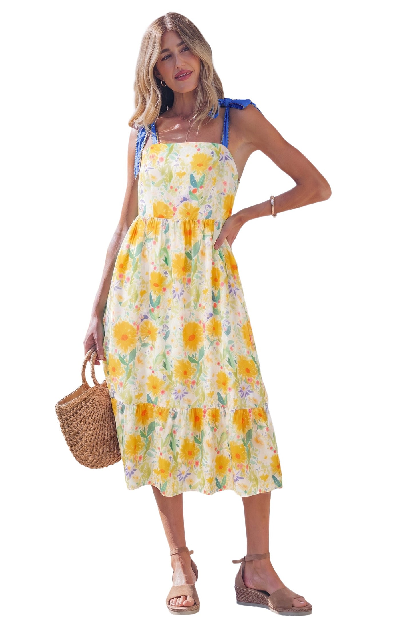 Floral Denim Tie Strap High Waist Maxi Dress