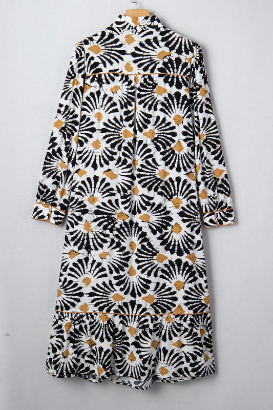 Abstract Floral V-Neck Long Sleeve Maxi Dress