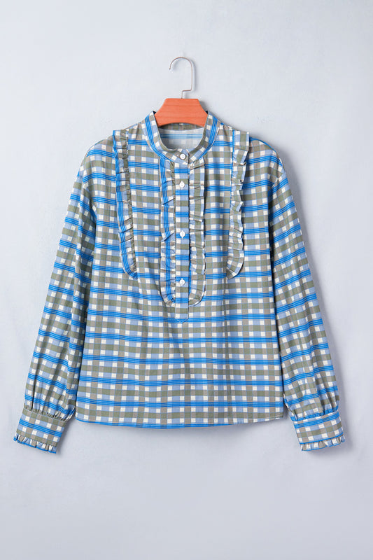 Gingham Plaid Long Sleeve Frilled Half Button Blouse