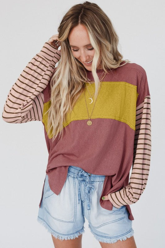 Color block stripe lantern sleeve side slit tunic