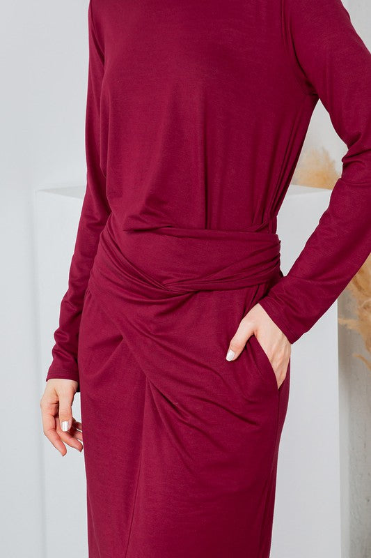 Waist Wrap Dress-with Pockets-SOLID