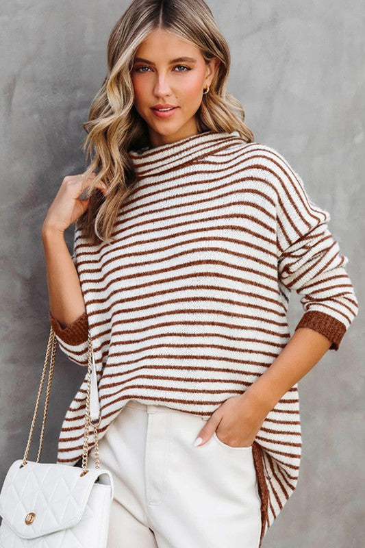 Turtle neck stripe knit sweater poncho top