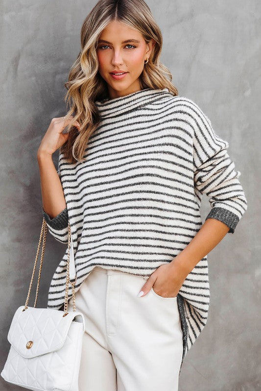 Turtle neck stripe knit sweater poncho top