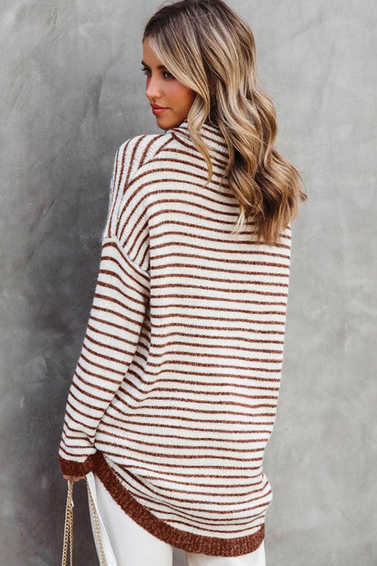 Turtle neck stripe knit sweater poncho top