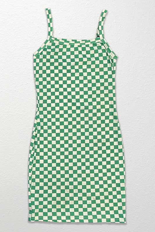 Checkered rib knit tank top dress