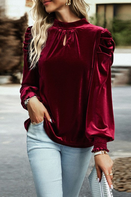 Puff Sleeve Key Hole Velvet Mock Smocked Blouse