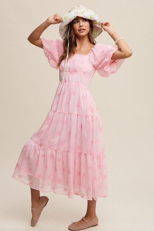 Flower Embroidered Puff Sleeve Tiered Maxi Dress