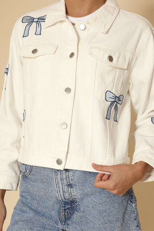 EMBROIDERED BOW DENIM JACKET MODERN BOUTIQUE FASHION | MODERN EMPORIUM white S