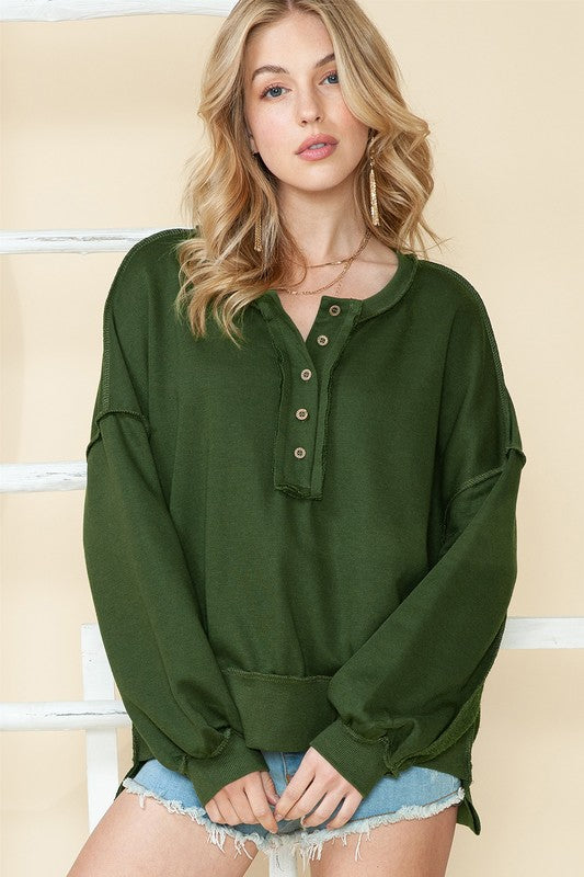 Cotton slouchy Drop Shoulder Henley Sweatshirt