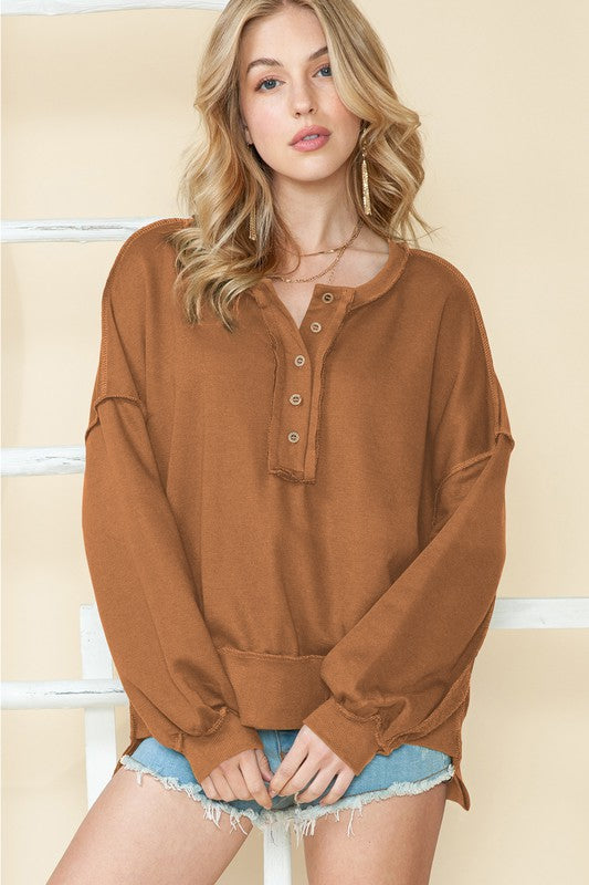 Cotton slouchy Drop Shoulder Henley Sweatshirt