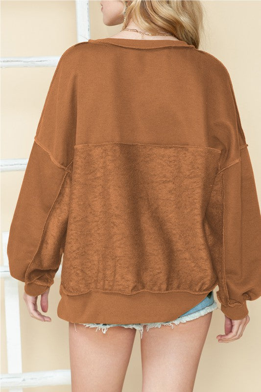 Cotton slouchy Drop Shoulder Henley Sweatshirt