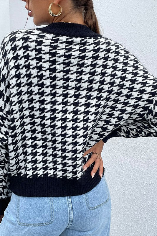 Black Houndstooth Pattern Drop Shoulder Sweater