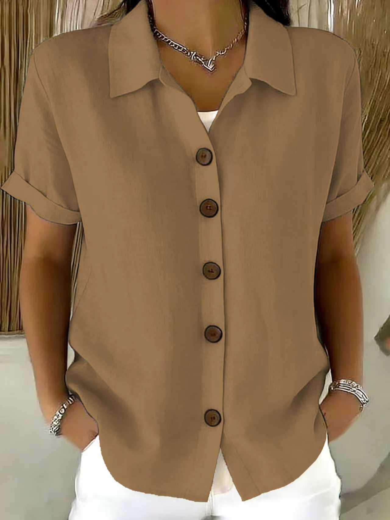 Shirt Collar Short Sleeve Button Top – Loose Fit Cotton-Linen Casual