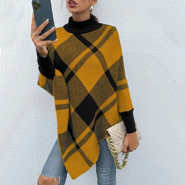 Yellow Mock Neck Plaid Knit Poncho