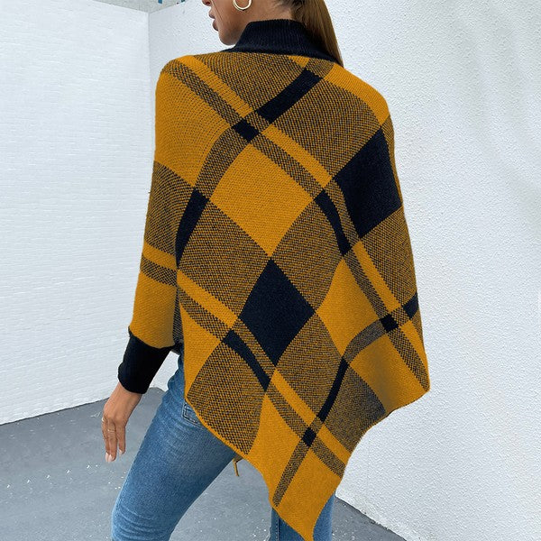 Yellow Mock Neck Plaid Knit Poncho