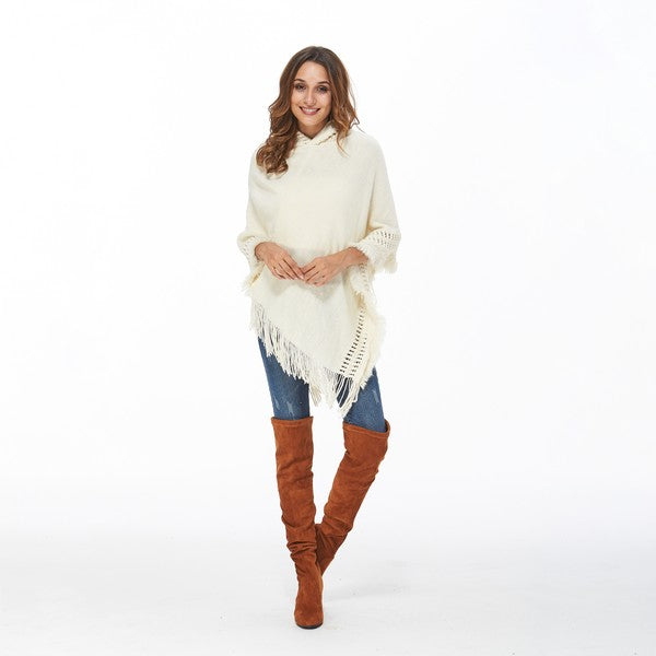 White hooded FringeTrimBatwingSleevePoncho Sweater