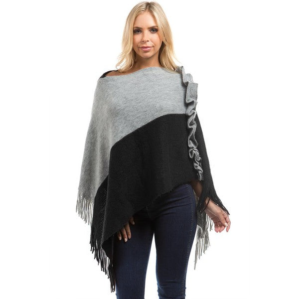 Black& Gray Fringe Trim Batwing Sleeve Sweater