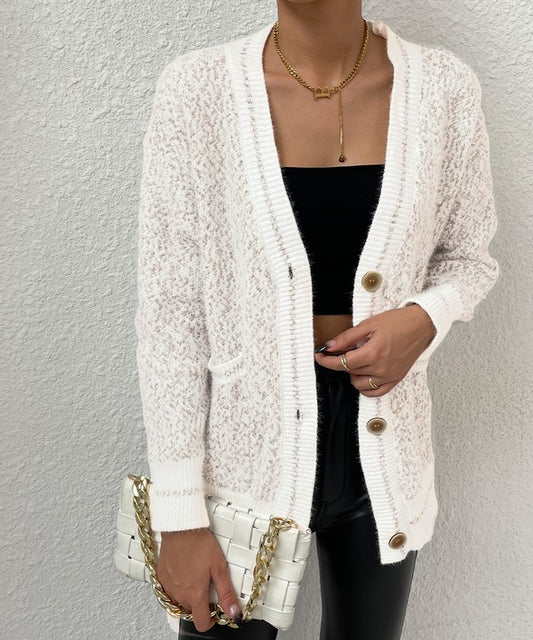 Warm White Frenchy Marled Knit Cardigan