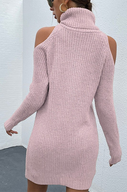 Pink Black Turtleneck Cold-Shoulder Sweater Dress