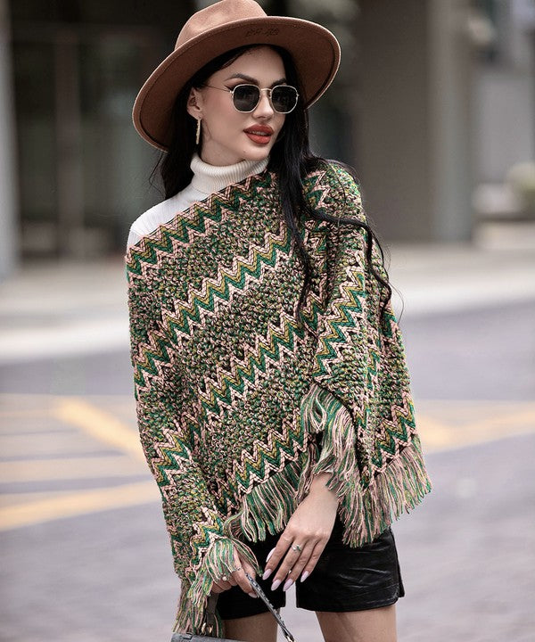 Green Fringe Trim Batwing Sleeve Poncho Sweater