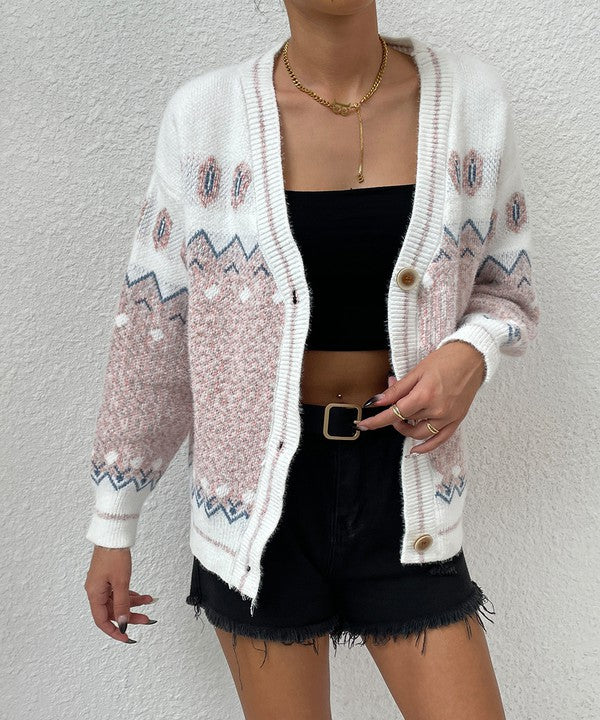 White and Pink Geo Pattern Botton Front Cardigan