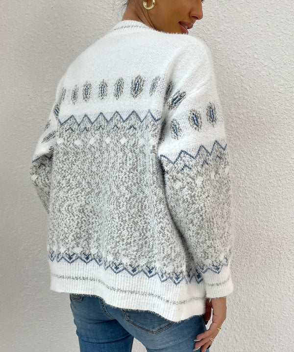 White and Gray Geo Pattern Botton Front Cardigan