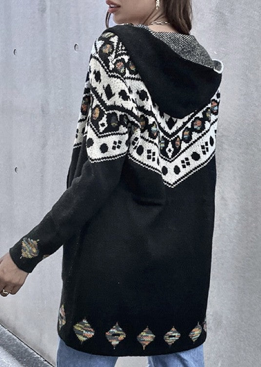 Black Geo Pattern Hooded Cardigan With Belt | Modern Boutique Fashion