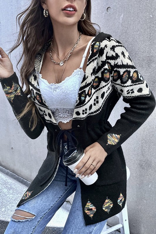 Black Geo Pattern Hooded Cardigan With Belt | Modern Boutique Fashion