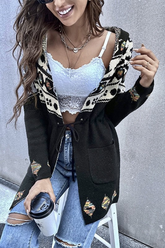 Black Geo Pattern Hooded Cardigan With Belt | Modern Boutique Fashion