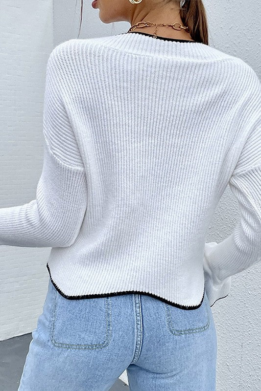 White Drop Shoulder V-line Sweater Bell Sleeves