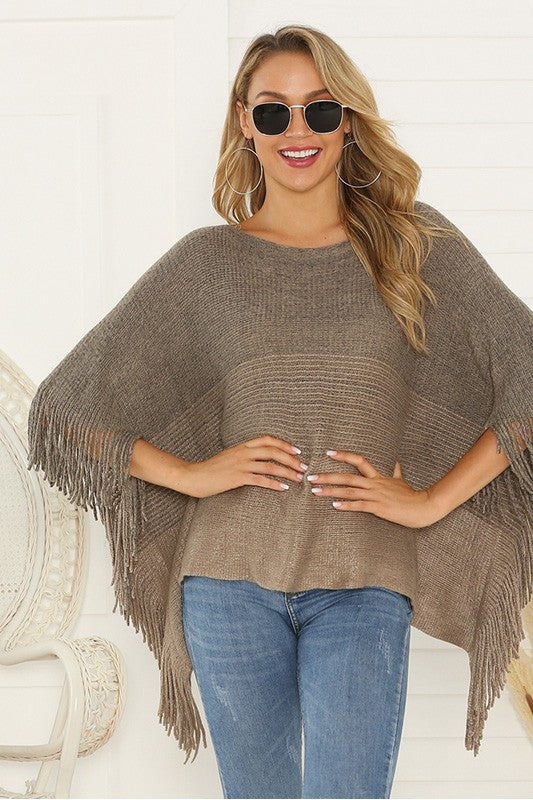 Knit Fringe Trim Batwing Sleeve Poncho