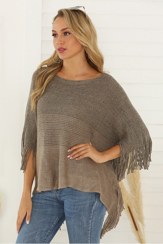 Knit Fringe Trim Batwing Sleeve Poncho