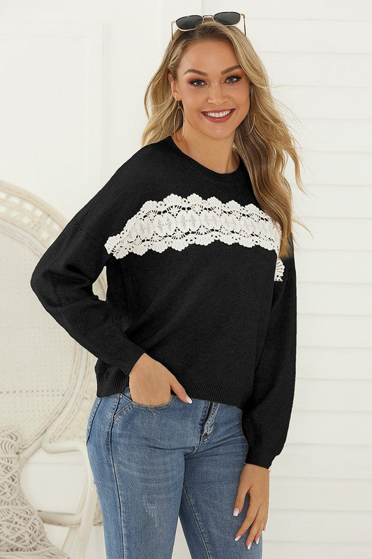 black front lace detail drop shoulder sweater