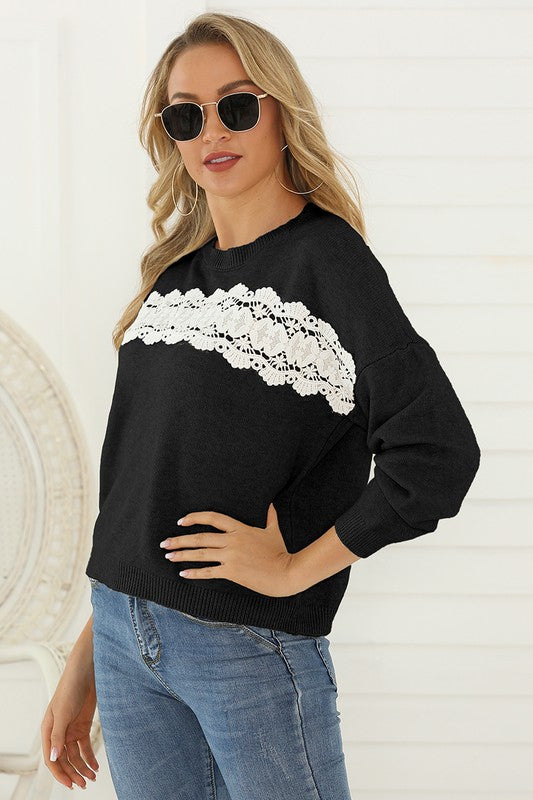 black front lace detail drop shoulder sweater