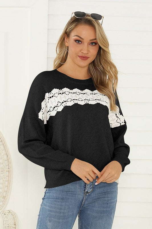 black front lace detail drop shoulder sweater