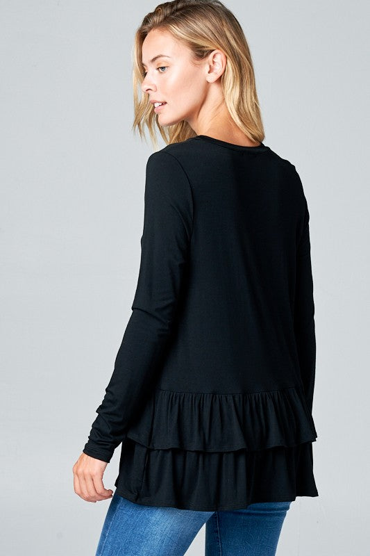 RUFFLE BOTTOM LONG SLEEVE ROUND NECK TUNIC TOP