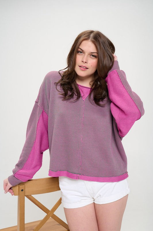 LONG DOLMAN SLEEVE ROUND NECK CASUAL KNIT SWEATER