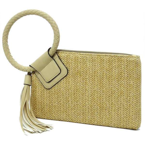 Straw Cuff Handle Tassel Wristlet Clutch