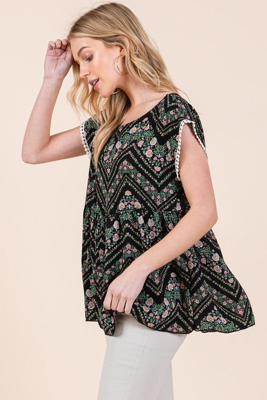 Pom Pom Lace Detailed Textured Woven Tunic