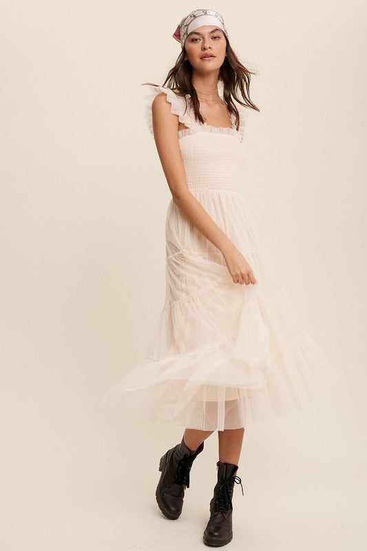 Smocked Ruffle Tiered Mesh Midi Maxi Dress