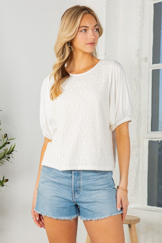 Lace Overlay Puff Sleeve Top