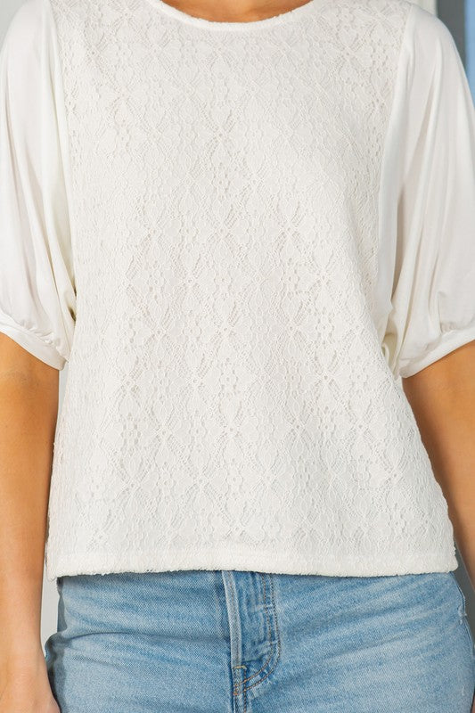 Lace Overlay Puff Sleeve Top