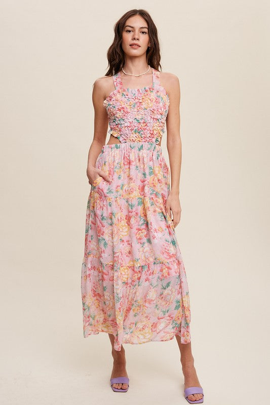 Floral Bubble Textured Two-Piece Style Maxi Dress