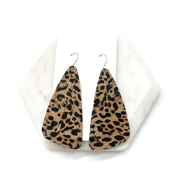 Leopard Corkleather Angle Wedge Leather Earrings
