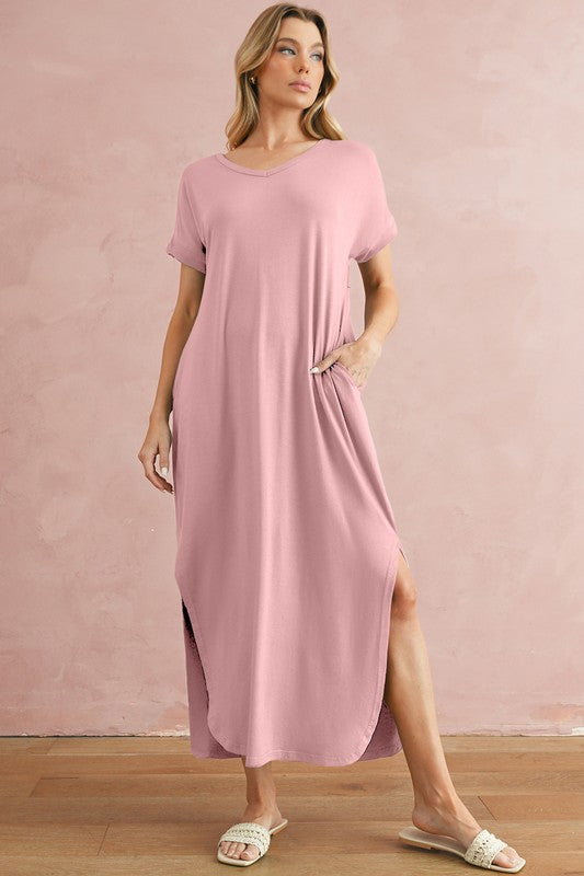 V Neck Hidden Pocket Splits Maxi T-shirt Dress