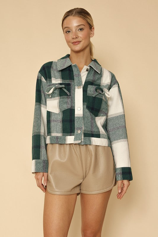 Cropped flannel jacket with bow detailing